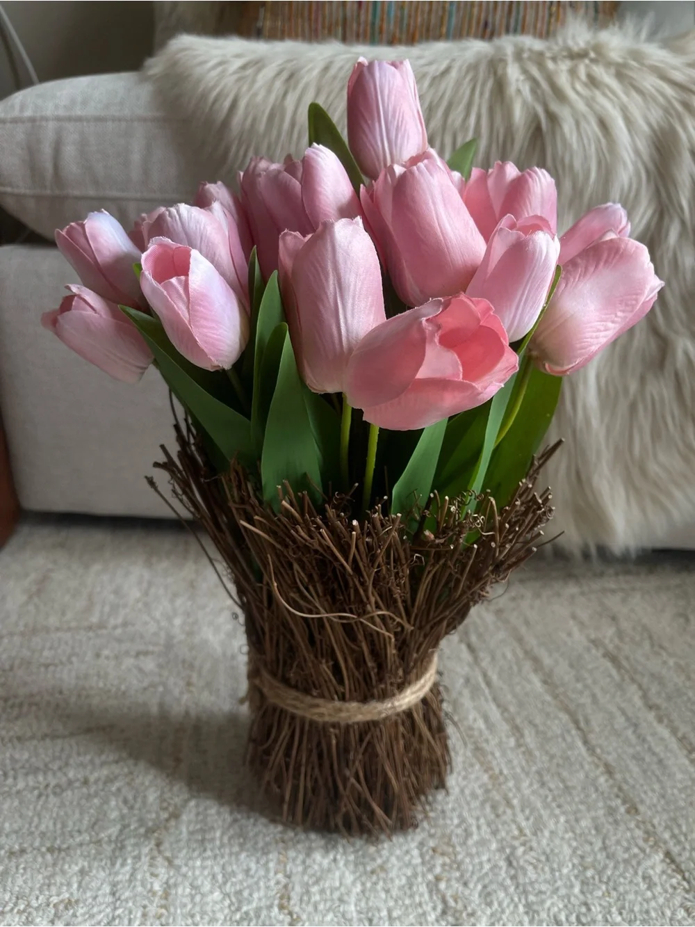 Pink Tulip Bouquet in Rustic Twig Arrangement